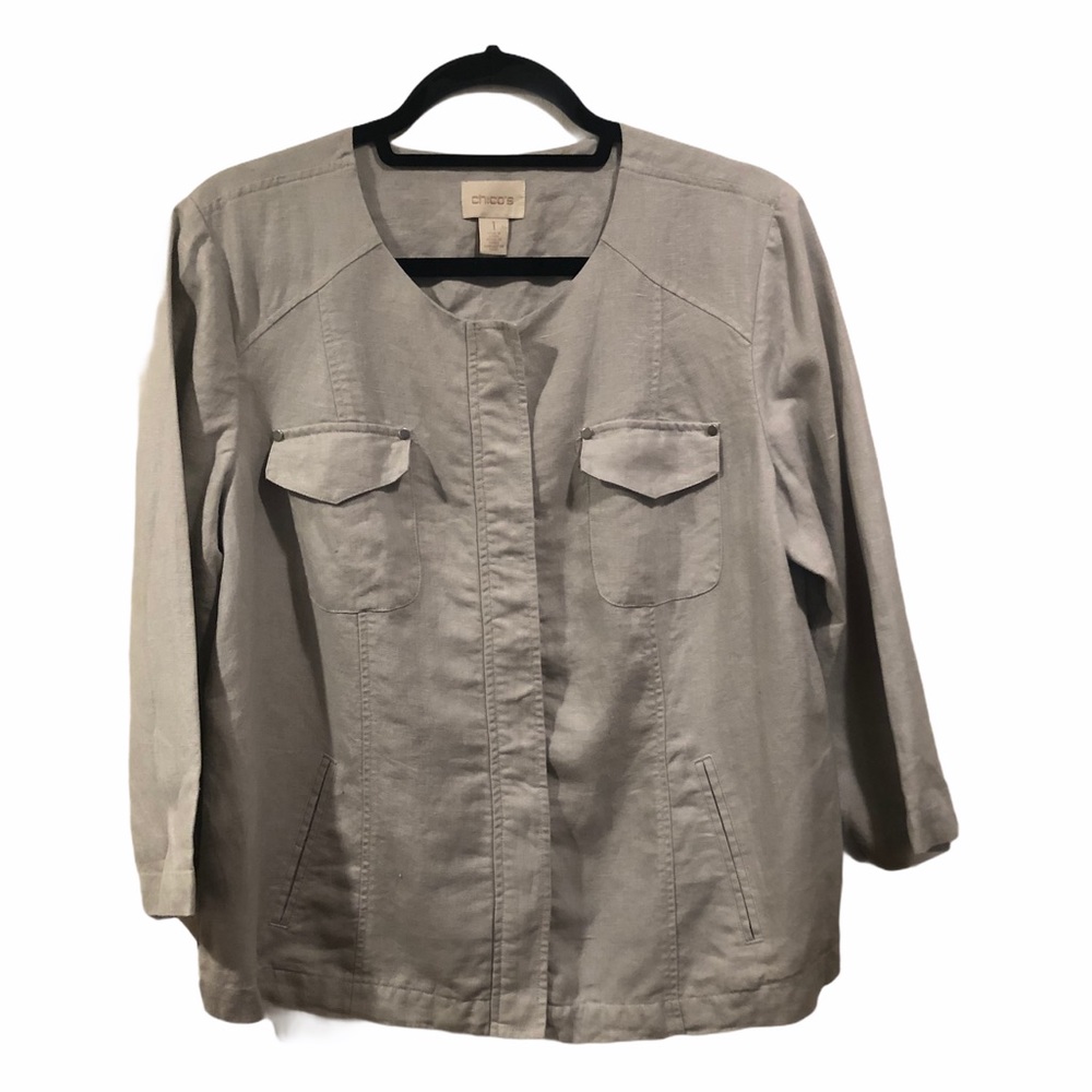 CHICOS SILVER GREY ZIP UP LINEN JACKET 1 XL light